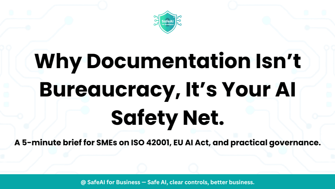 AI governance documentation framework for SMEs showing ISO 42001 compliance workflow" / "Small business team reviewing AI risk management documentation" / "EU AI Act compliance checklist for SMEs