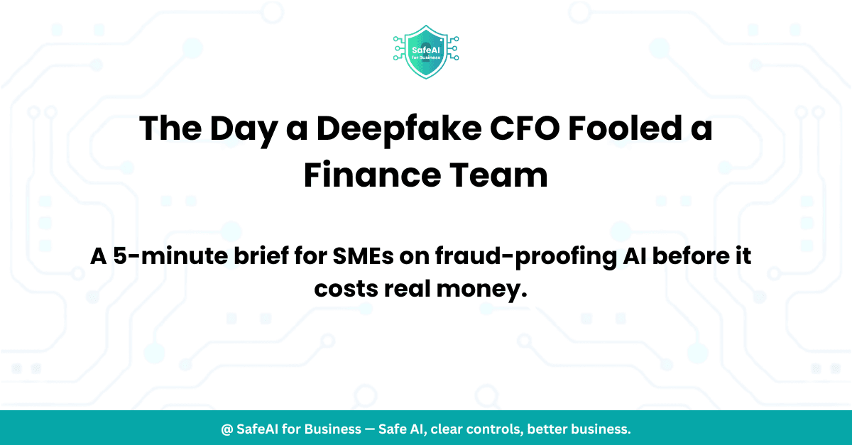 Finance manager receiving a deepfake video call on a laptop" / "Infographic: 3 steps to stop AI deepfake fraud for small businesses