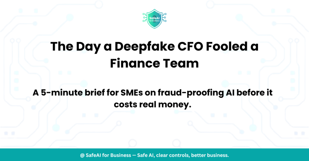 Finance manager receiving a deepfake video call on a laptop" / "Infographic: 3 steps to stop AI deepfake fraud for small businesses