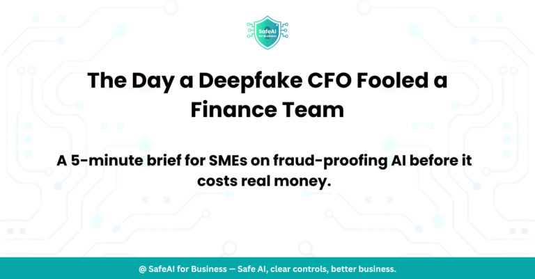 Finance manager receiving a deepfake video call on a laptop" / "Infographic: 3 steps to stop AI deepfake fraud for small businesses