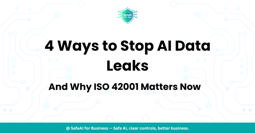 SME business owner reviewing AI data security policy on laptop to prevent AI data leaks