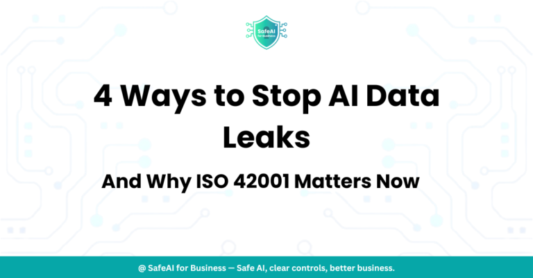 SME business owner reviewing AI data security policy on laptop to prevent AI data leaks