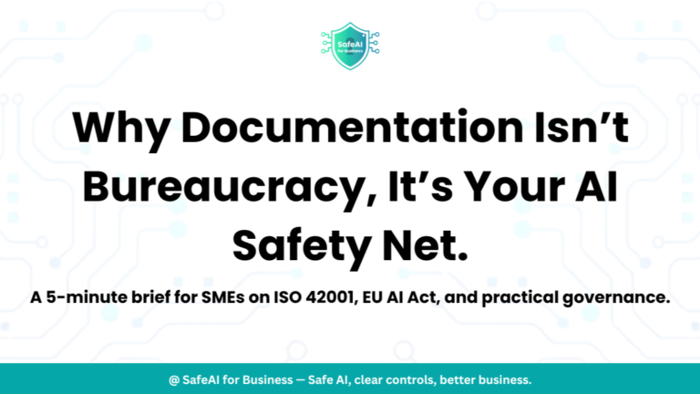AI governance documentation framework for SMEs showing ISO 42001 compliance workflow" / "Small business team reviewing AI risk management documentation" / "EU AI Act compliance checklist for SMEs