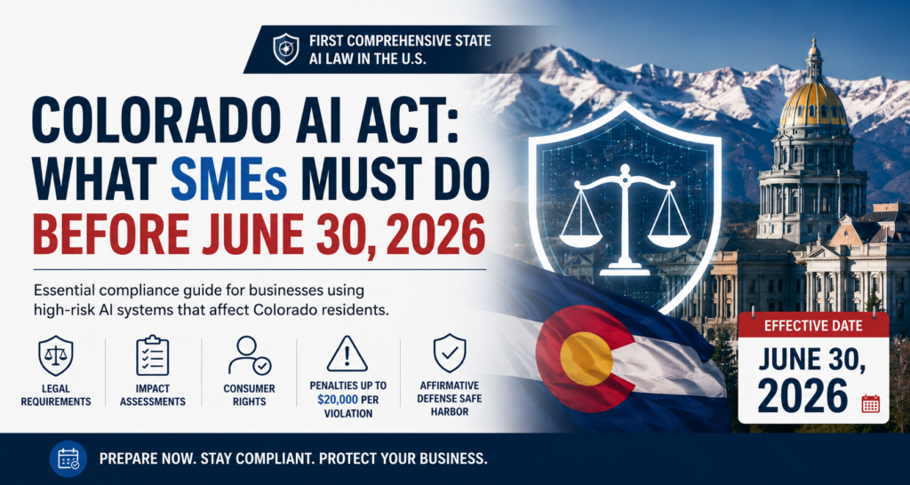 Colorado AI Act compliance guide for SMEs showing June 30 2026 deadline and high-risk AI consequential decision categories
